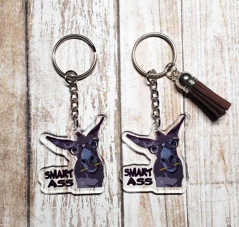 A photo of two acrylic key chains. They have cartoon donkeys on them. The donkey has a pencil in its mouth and glasses on. Text on keychain reads 'Smart Ass.'