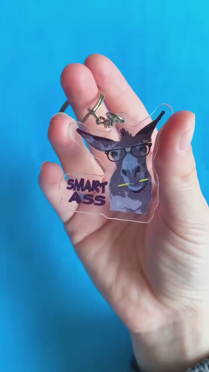 A video of a hand showing off an acrylic keychain with a donkey on it. The donkey has a pencil in its mouth and glasses on. Text on keychain reads 'Smart Ass.'
