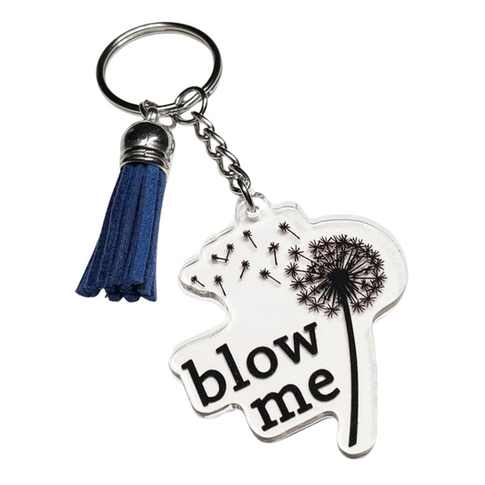A photo of a funny keychain. It has a blown dandelion illustrated on it. Text reads, 'Blow Me.'