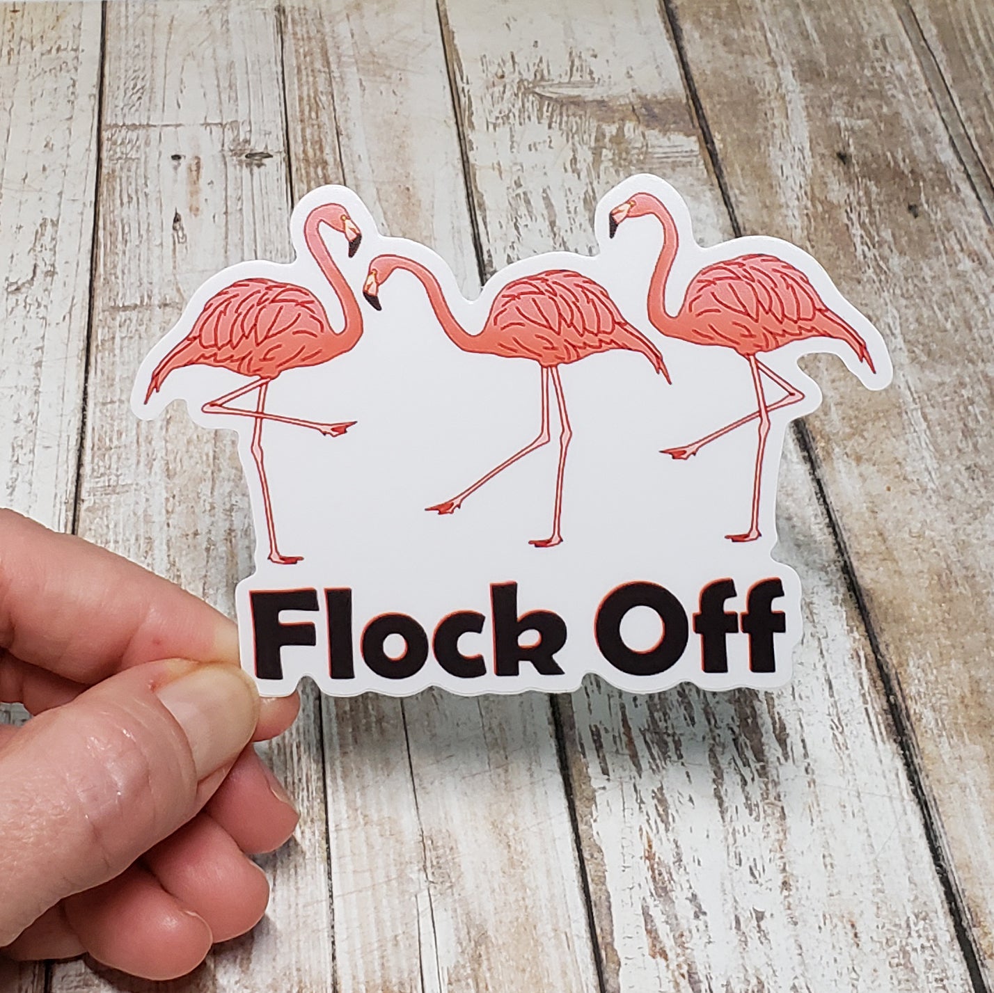 A photo of a cute sticker with three cartoon flamingos on it. Text on sticker reads 'Flock Off.'