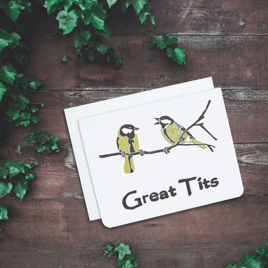A funny valentines card. It has two blue birds on it on a branch. Text on card reads, 'Great TIts'