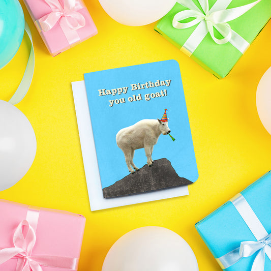 A photo of a blue birthday card. It has a photo of a mountain goat on it. It's wearing a party hat and has a streamer in its mouth. Text on card reads, 'Happy Birthday you old goat!'