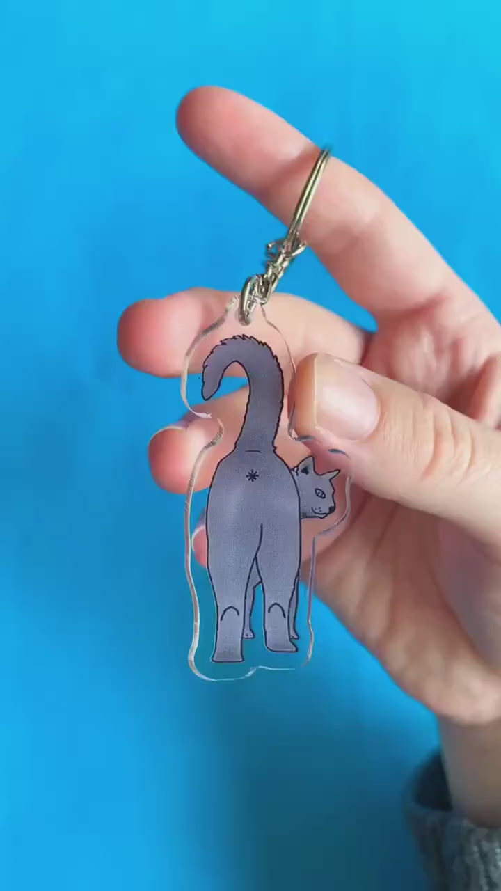 A video of a hand showing of a cute keychain. It's of a grey cat showing its butt.