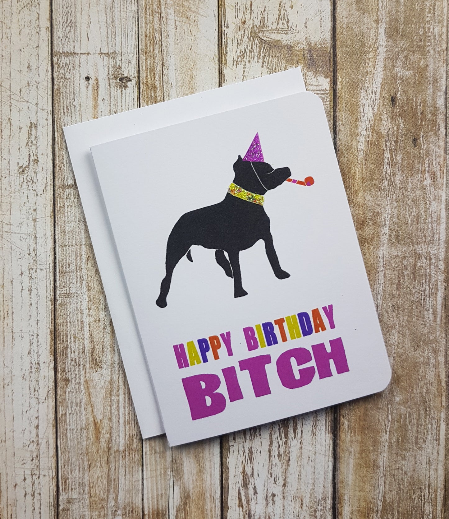 A photo of a white birthday card. It has a black dog silhouette on it. It's wearing a pink party hat, collar and has a streamer in its mouth. Text on card reads 'Happy Birthday Bitch.'