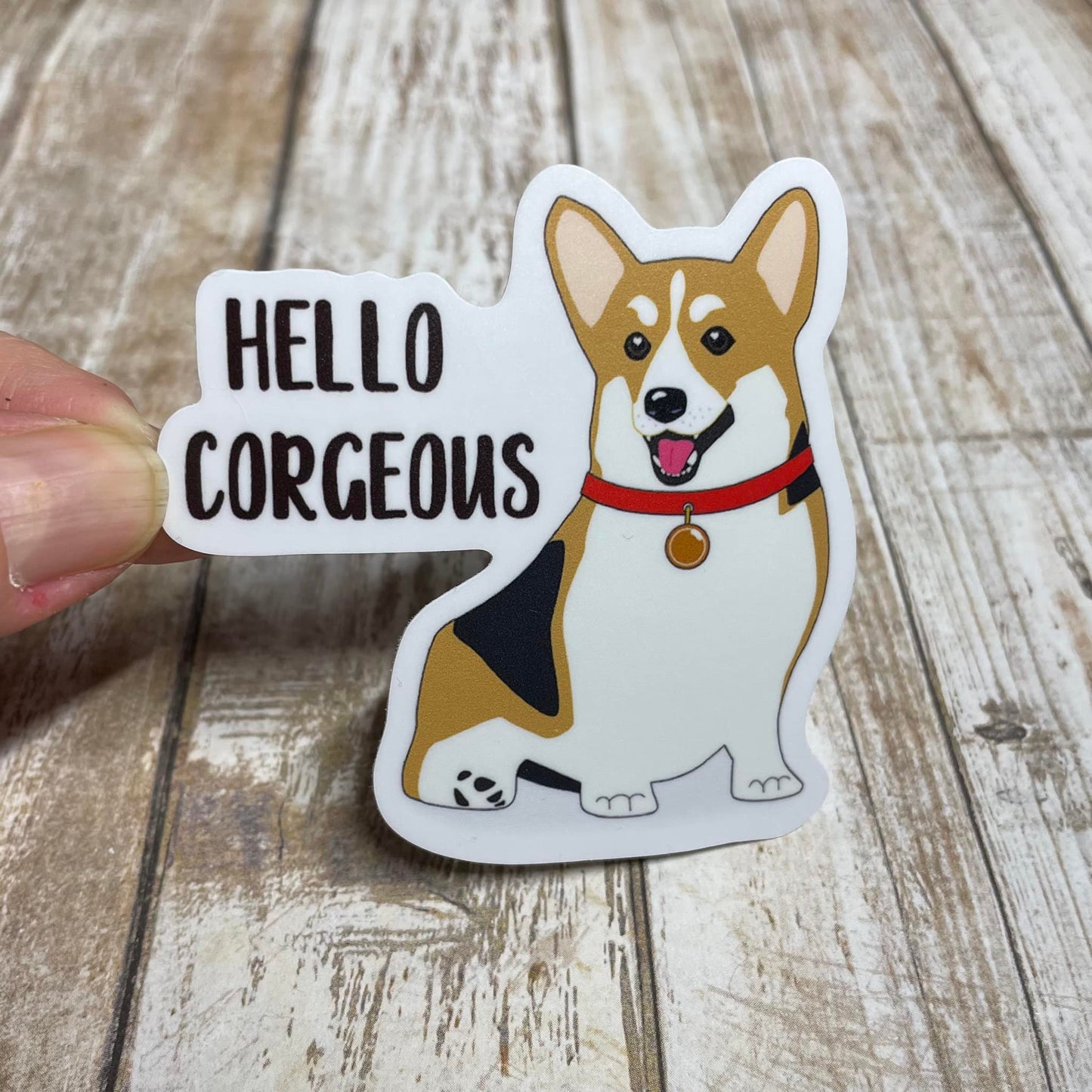 A photo of a sticker. It has a cartoon corgi dog on it. Text on sticker reads 'Hello Corgeous'