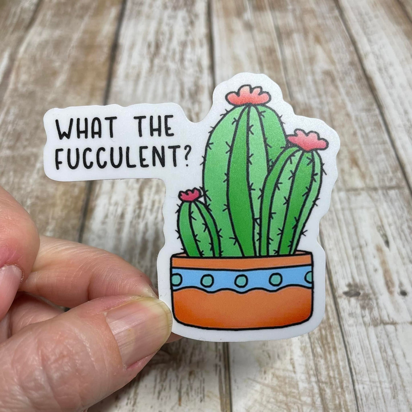 A photo of a funny sticker. It's of a cartoon cacti. Text on sticker reads 'What the Fucculent?'