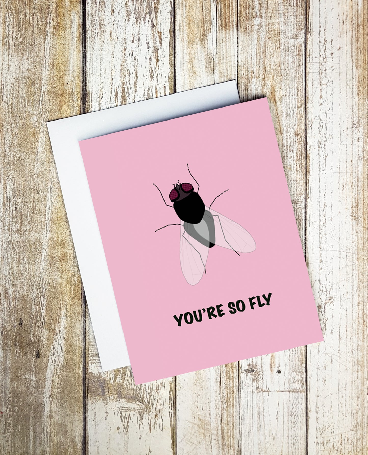 A photo of a pink Valentine's Card. It has a cartoon fly on it. Text below reads 'You're so fly.'