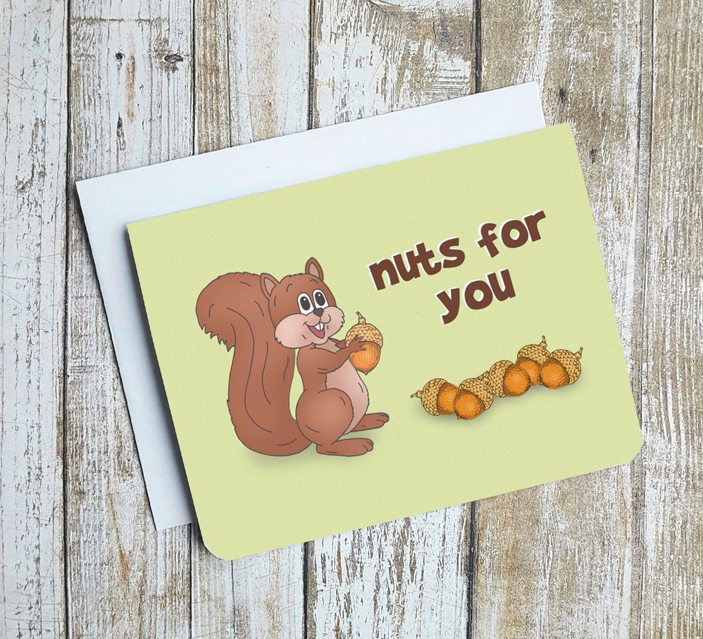 A photo of a card. It has a cartoon smiling squirrel on it. It's holding an acorn. Text on card reads, 'Nuts for You.'